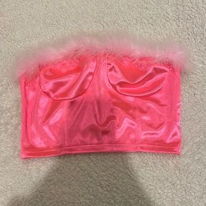 Pink strapless feather crop top